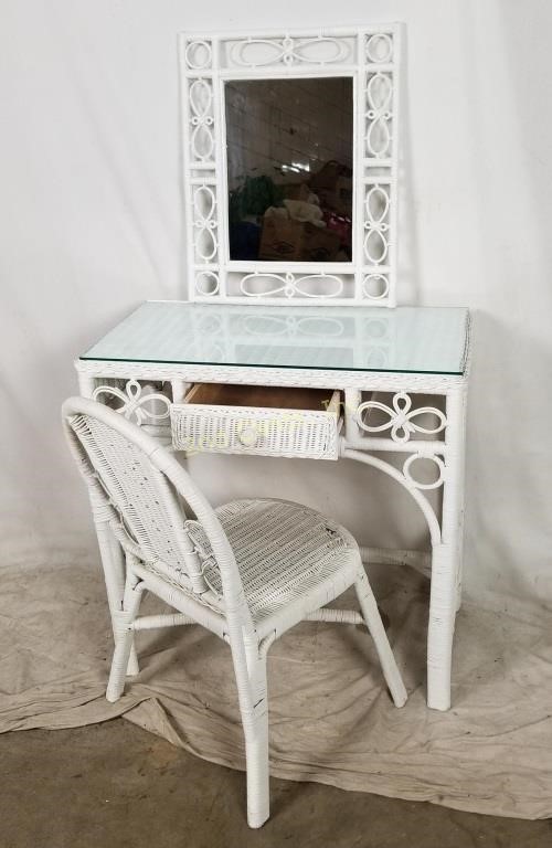 White Wicker Writing Desk W Mirror Chair 2nd Cents Inc