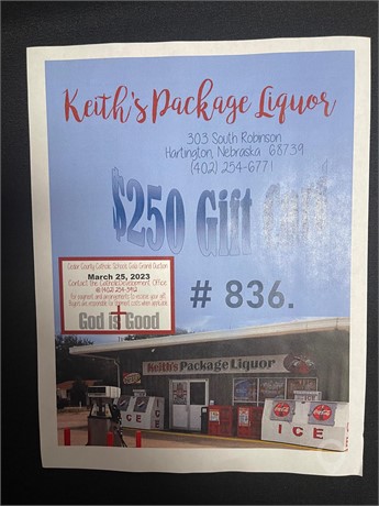 $ 250 CERTIFICATE TO KEITH'S PACKAGE LIQUOR New Other Personal Property Personal Property / Household items auction results