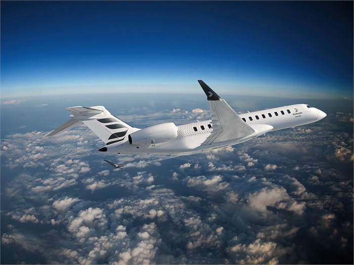 Bombardier Global 8000 business jet aircraft in flight.