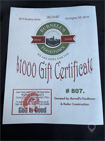 $ 1,000.00 GIFT CERTIFICATE TO BURNELL'S FOODTOWN FROM RADEC CONSTRUCTION New Other Personal Property Personal Property / Household items auction results