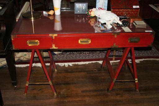 Vintage Red Lacquered Campaign Style Desk Sohn Associates Ltd