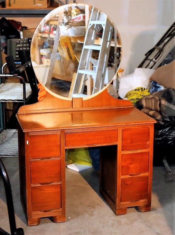 Antique Vanity Desk W Round Mirror Solid Wood Big Al S Auction