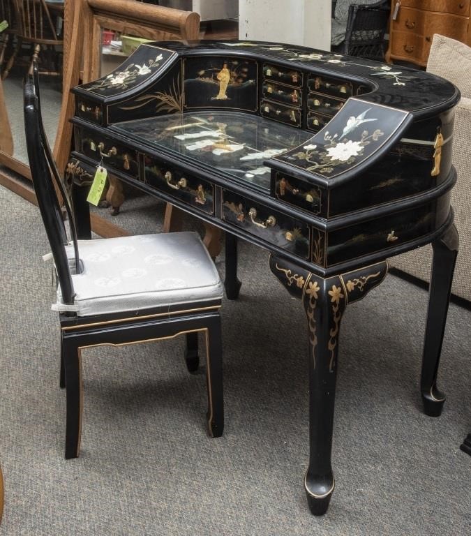 Black Lacquer Asian Oriental Desk And Chair The K And B Auction