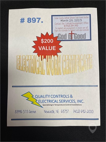 $ 200 CERTIFICATE FOR ELECTRICAL WORK FROM QUALITY CONTROLS & ELECTRICAL INC. New Other Personal Property Personal Property / Household items auction results
