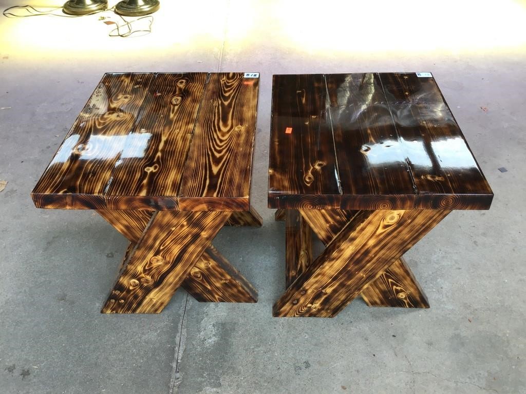 Pair Of Handmade Burnt Wood Tables Epoxy Coated Chesapeake