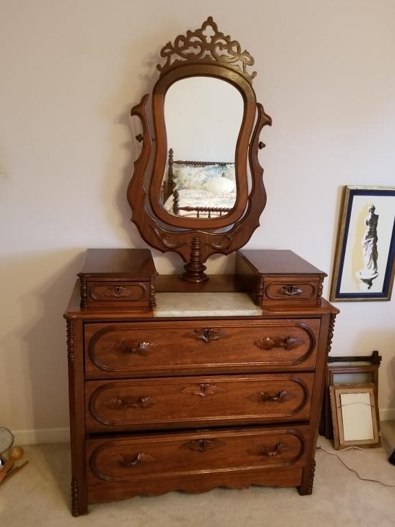 Antique Carved Walnut Dresser With Mirror Nostalgiana