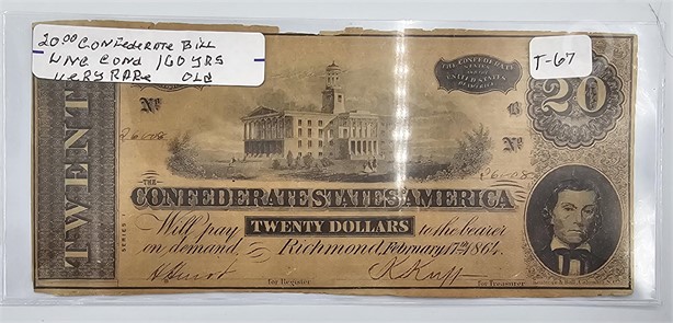 $20 CONFEDERATE BILL; UNCIRCULATED CONDITION; VERY Used Dollars U.S. Coins Coins / Currency auction results