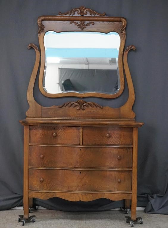 Antique Oak Serpentine Dresser With Bevel Mirror Asset Marketing