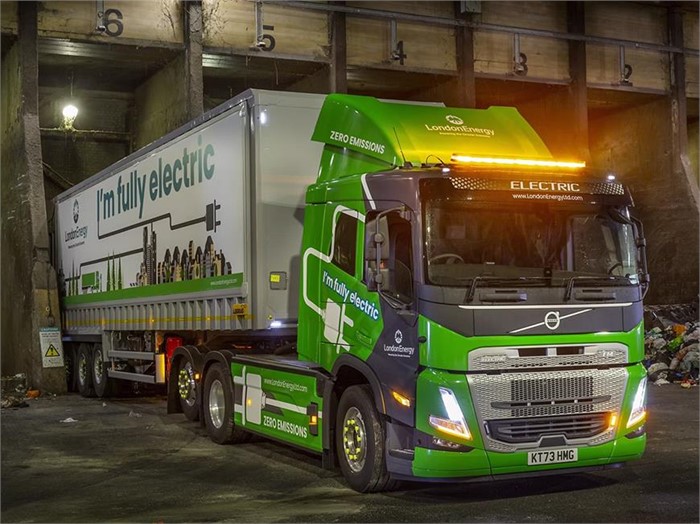 A Volvo FM Electric backed into a bay within a LondonEnergy facility.