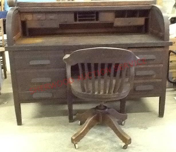 Antique Roll Top Desk With Antique Chair Sherwood Auction