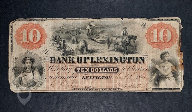 1861  $10 BANK OF LEXINGTON STATE OF NORTH CAROLINA  OBSOLETE NOTE Used U.S. Currency Coins / Currency auction results