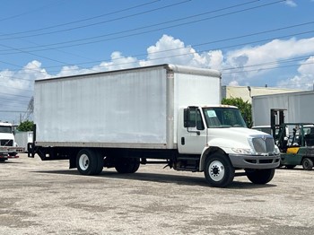 A 2020 International DuraStar 4300 box truck parked on a lot.