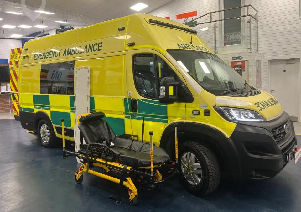 A 2020 Fiat Ducato ambulance van parked indoors.