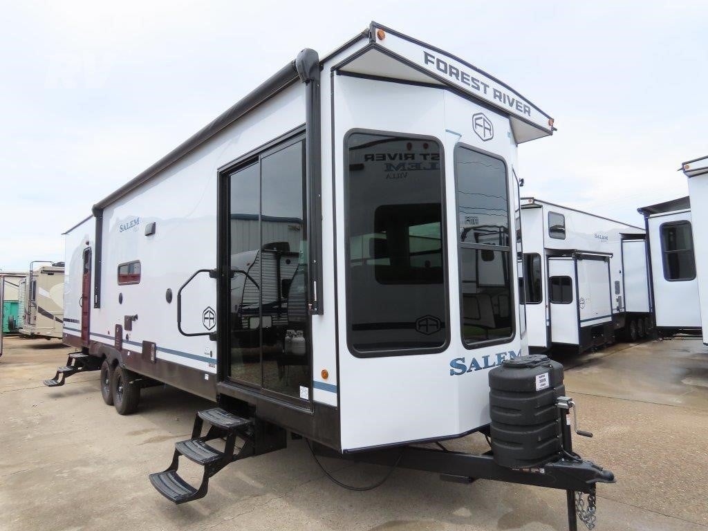 A 2026 Forest River Salem Villa 353FLFB destination trailer parked on an outdoor lot.