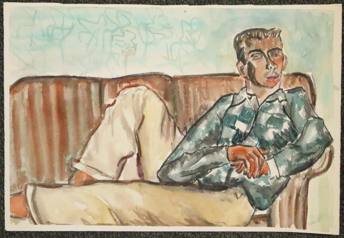 Young Man Reclining On Couch Watercolor Kc Auction Company