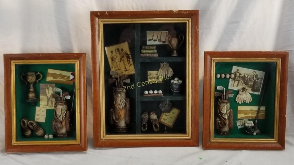 Lot Of 3 Golf Themed Shadow Boxes Decorations 2nd Cents Inc