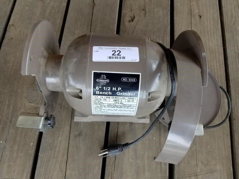 Cummins 6 1 2hp Bench Grinder Baer Auctioneers Realty Llc