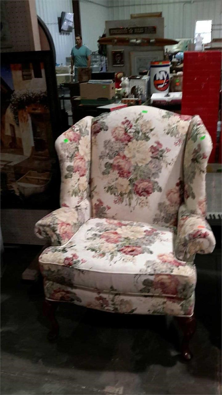 Wingback Chair Floral Pattern Queen Anne Feet Hash Auctions