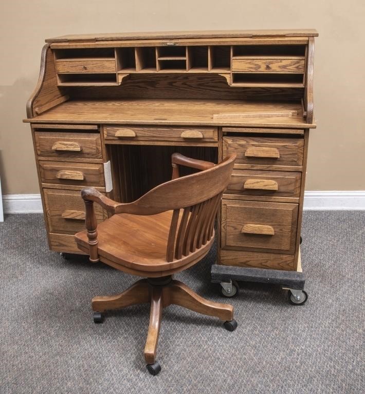 Vintage Solid Wood Roll Top Desk W Chair The K And B Auction