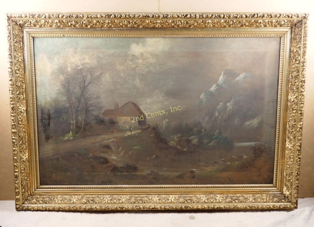 Large Antique Oil Painting On Canvas Ornate Frame 2nd Cents Inc