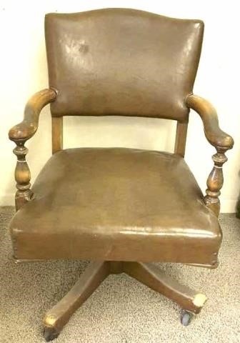 Vintage Wood Leather Office Chair On Wheels Go2guysauction Com