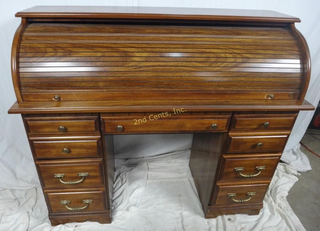 Mid Century 48 Dark Pine Retro Roll Top Desk 2nd Cents Inc