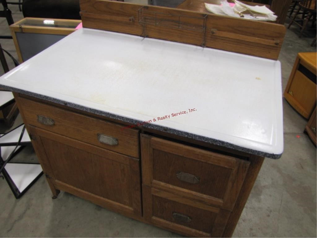 Antique Kitchen Cabinet Oak W Enamel Top Lindsay Auction