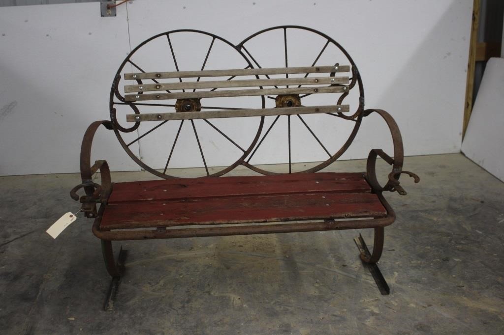 Rustic Steel Bench With Wagon Wheel Backrest Spencer Sales