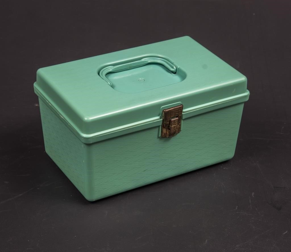 Aqua Plastic Locking Box with Sewing Notions The K and B