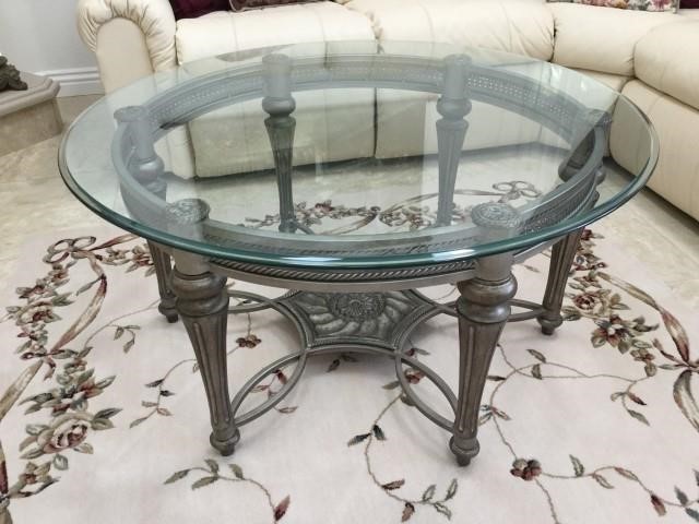 Round Glass Top Metal Base Coffee Table, Round Glass Top Coffee Table With Metal Base