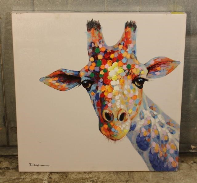 Signed Multi Colored Giraffe Painting On Canvas H K Keller