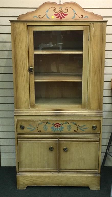 1960 S Oak Stenciled China Cabinet With Glass The Hayes Group