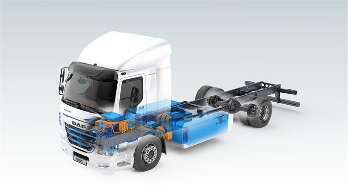 A cutaway view of the Daf XB Electric that shows the truck’s electric powertrain and batteries.