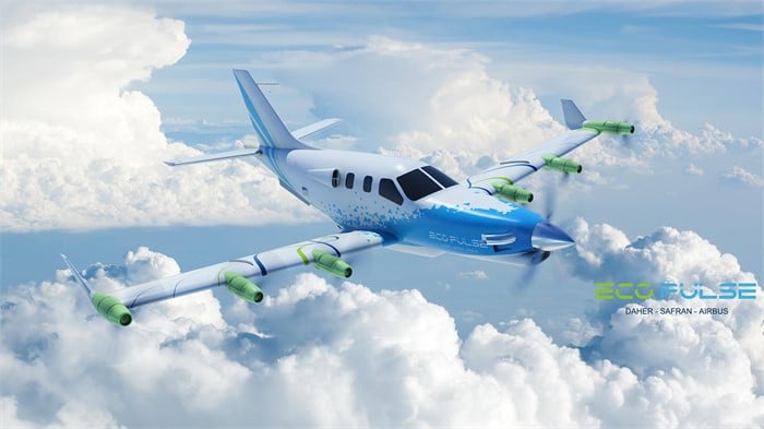 The EcoPulse hybrid-electric aircraft demonstrator flies over mountains.
