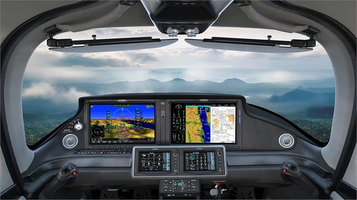 The cockpit of the Cirrus Aircraft SR Series G7 piston single airplane with Garmin Cirrus Perspective Touch+ avionics suite.