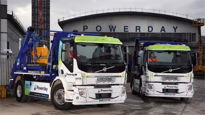 Powerday’s new Volvo FE Electric skip loaders sit outside the company’s depot.