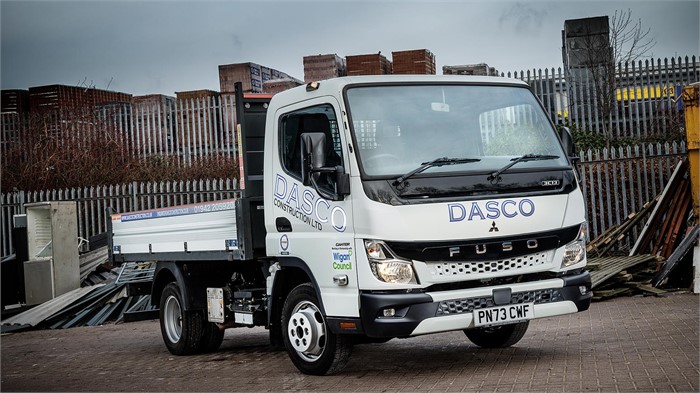 A Fuso Canter 3C13 Canter with a tipper body parked in the yard outside Dasco headquarters.