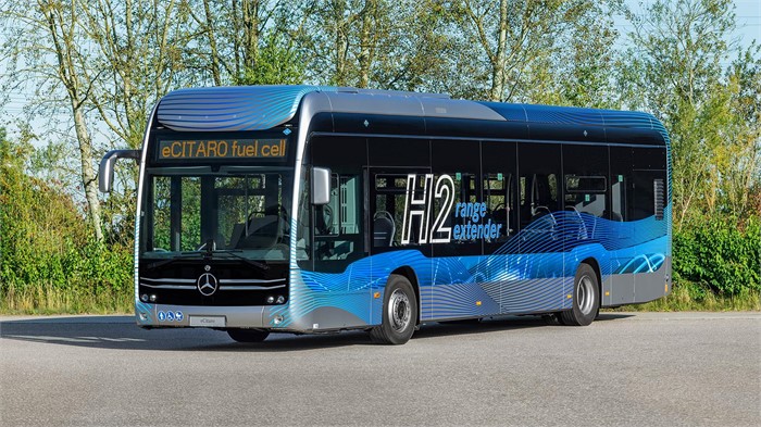 Mercedes-Benz eCitary fuel cell bus on the road.
