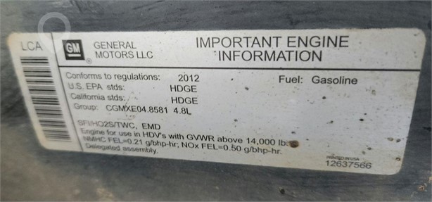 2012 GENERAL MOTORS 4.8 Used Engine Truck / Trailer Components for sale