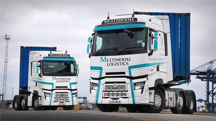 Two Multimodal Logistics Renault Trucks T480 High Turbo Compound 6x2 tractor units parked at The Port of Felixstowe.