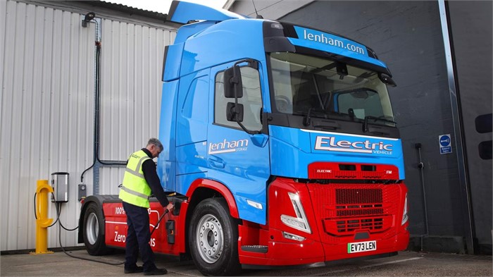 A Lenham Storage driver recharging one of the firm’s two new Volvo FM Electric tractor units.