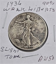 1936 WALKING LIBERTY HALF DOLLAR; SLIGHT TONE; 90% Used Half Dollars U.S. Coins Coins / Currency upcoming auctions