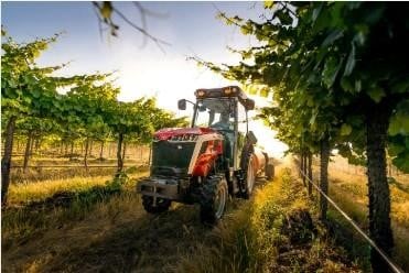 a small red tractor driving through a vineyard